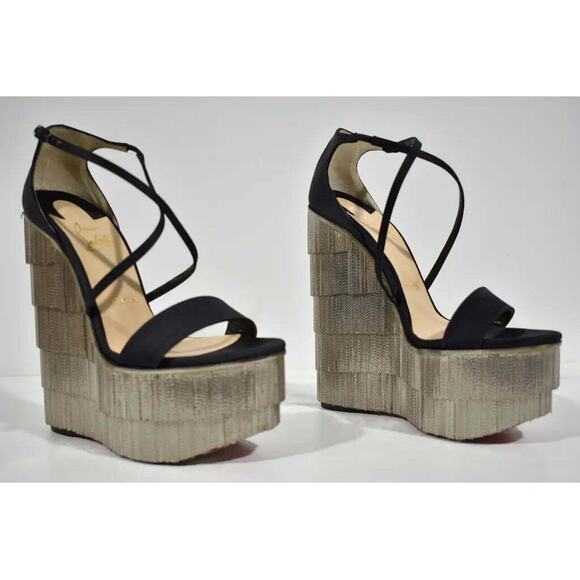 Christian Louboutin Foxtrottissima 160 Black Chain Wedge Sandal Heel Pump 37 - Picture 4 of 12